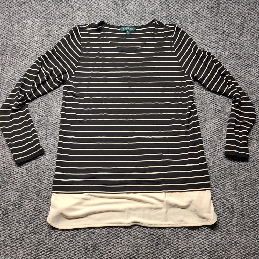 Lauren Ralph Lauren Black Cream Striped Layered Hem Long Sleeve Top Medium